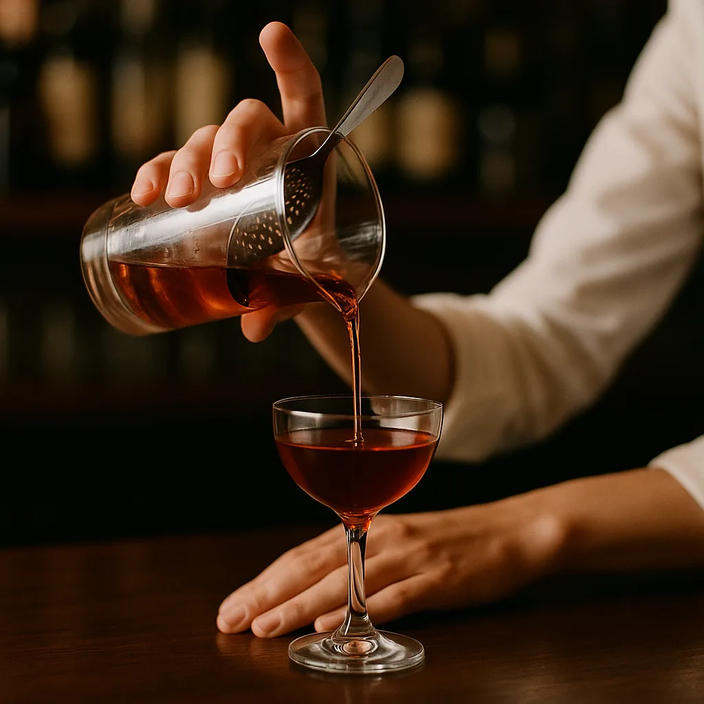 A julep strainer held across the mouth of the mixing glass, a clean red stream falling into a stemmed cocktail glass. No ice in the glass being filled.