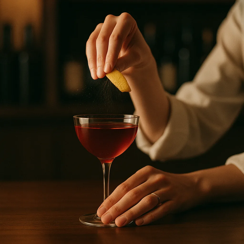 A strip of lemon peel being twisted over the surface of the drink in the stemmed glass, a fine mist of oil catching the light.