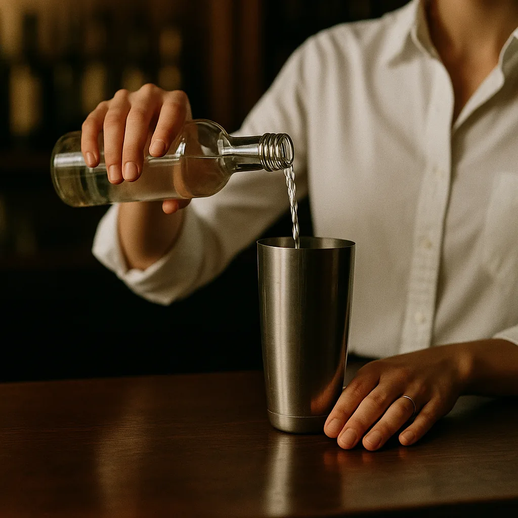 Pouring a clear colourless spirit from a plain blank bottle into a metal cocktail shaker on a dark walnut bar top.