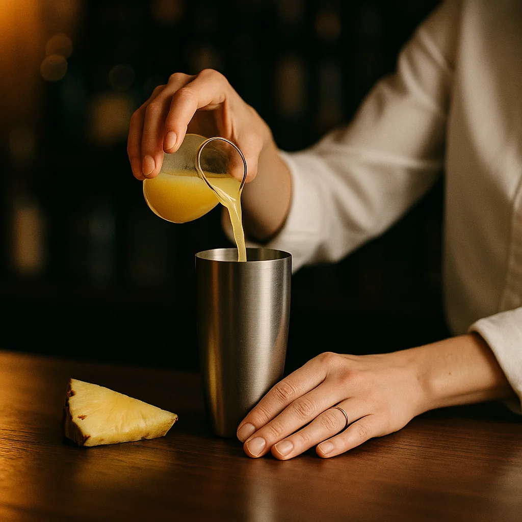 Cloudy golden pineapple juice being poured from a small plain jug into the shaker, a wedge of fresh pineapple lying on the bar beside it.