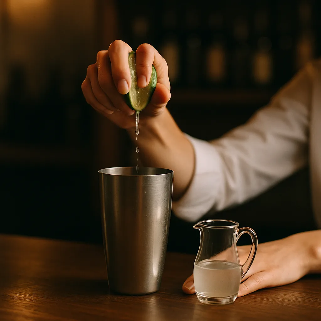 A cut half lime being squeezed over the shaker, juice running in, a small plain jug of clear syrup standing beside it.