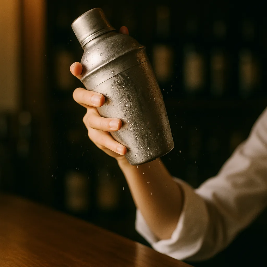 A sealed metal cocktail shaker held raised just after a hard shake, heavily frosted and beaded with condensation.