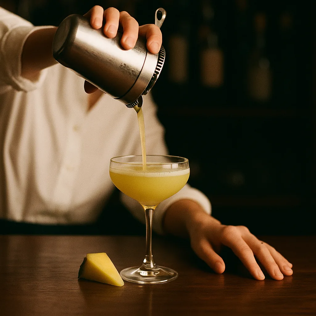 Straining a cloudy tropical yellow drink into a chilled coupe, a thin pale foam line settling at the rim, a wedge of pineapple resting on the bar.