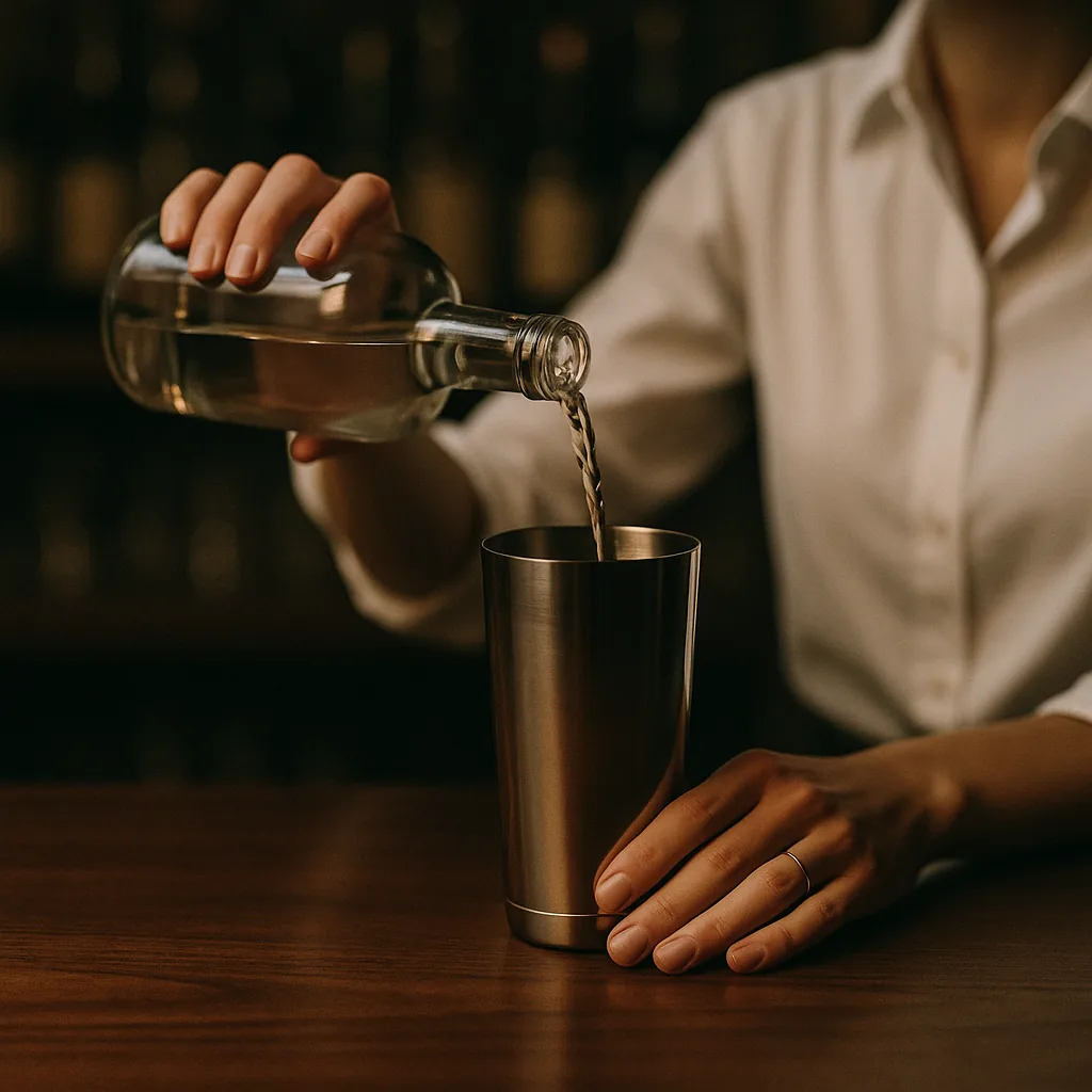 Pouring a clear colourless spirit from a plain blank bottle into a metal cocktail shaker on a dark walnut bar top.