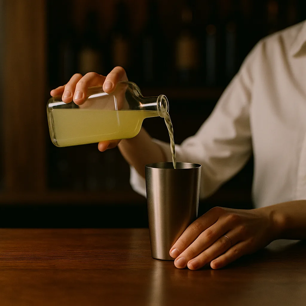 Pouring a pale green-gold cordial from a second plain blank bottle into the shaker, matching the first pour exactly.