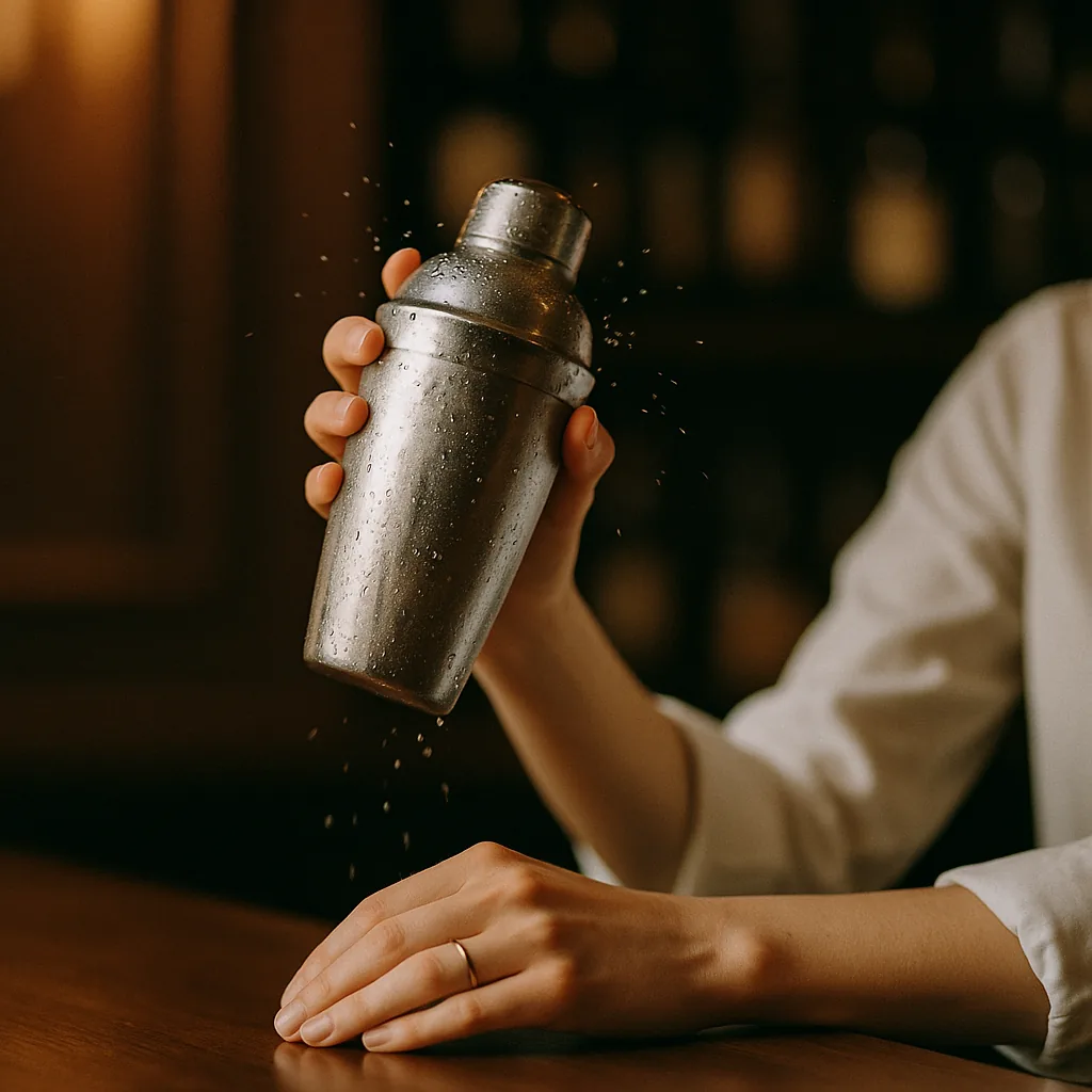 A sealed metal cocktail shaker held raised just after a hard shake, heavily frosted and beaded with condensation.
