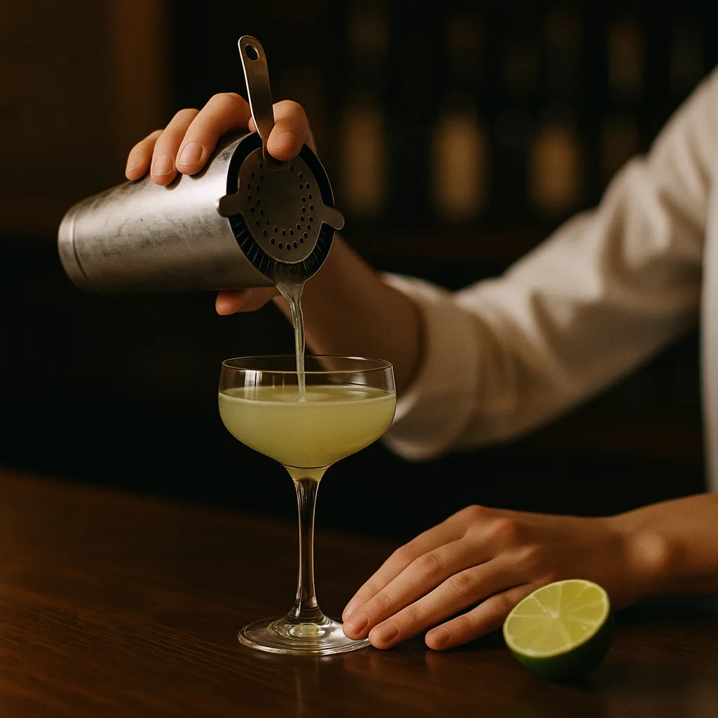 Straining a pale green-gold drink into a chilled stemmed coupe, a cut half lime lying on the bar beside it.