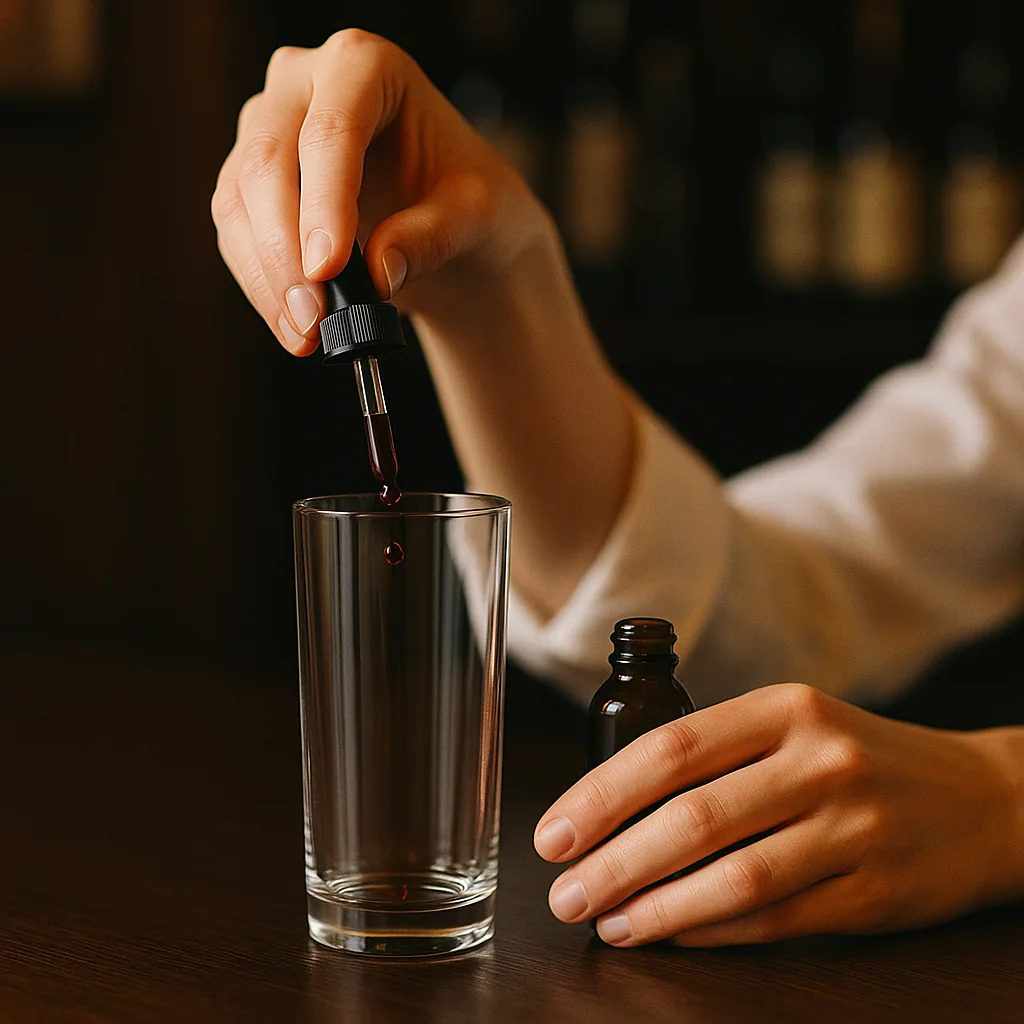 Dark red drops falling from a small plain blank dropper bottle into the base of an empty tall highball glass on a dark walnut bar top.