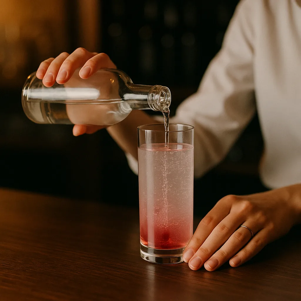 Pouring a clear colourless spirit from a plain blank bottle onto the bitters in the highball, the liquid turning clear pink.