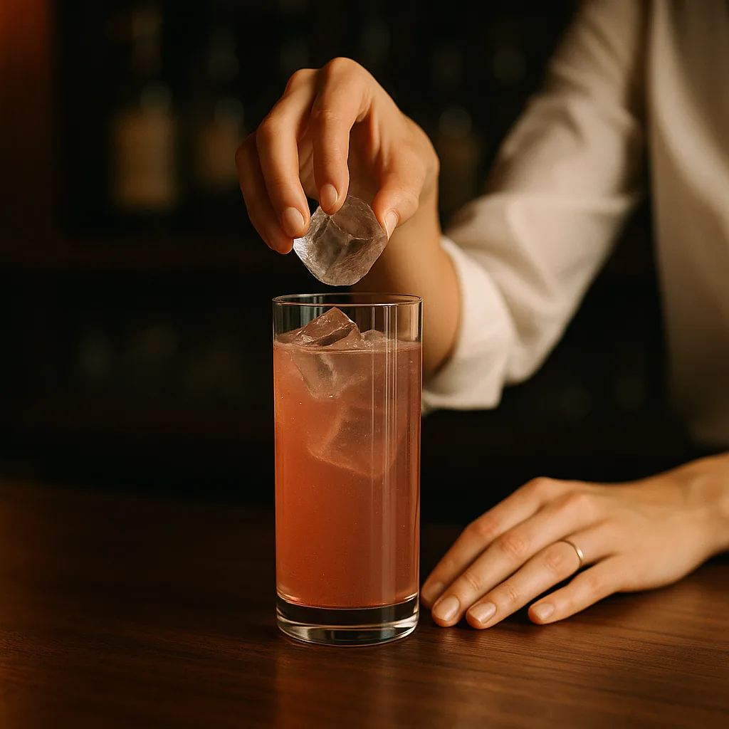 Large clear ice cubes being dropped into the pink liquid in the highball, filling the glass to the top.