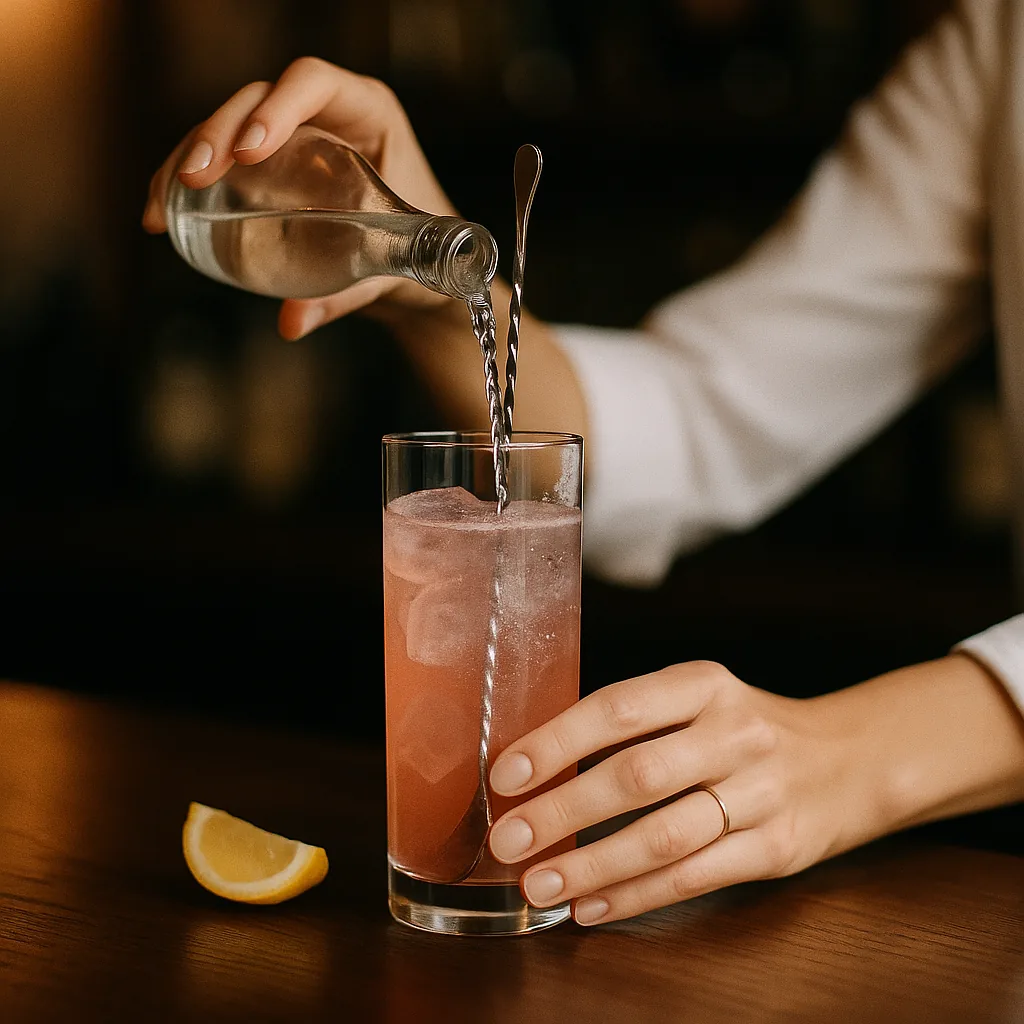 Tonic being poured down the length of a bar spoon held inside the pink-filled highball, a wedge of lemon lying on the bar beside it.
