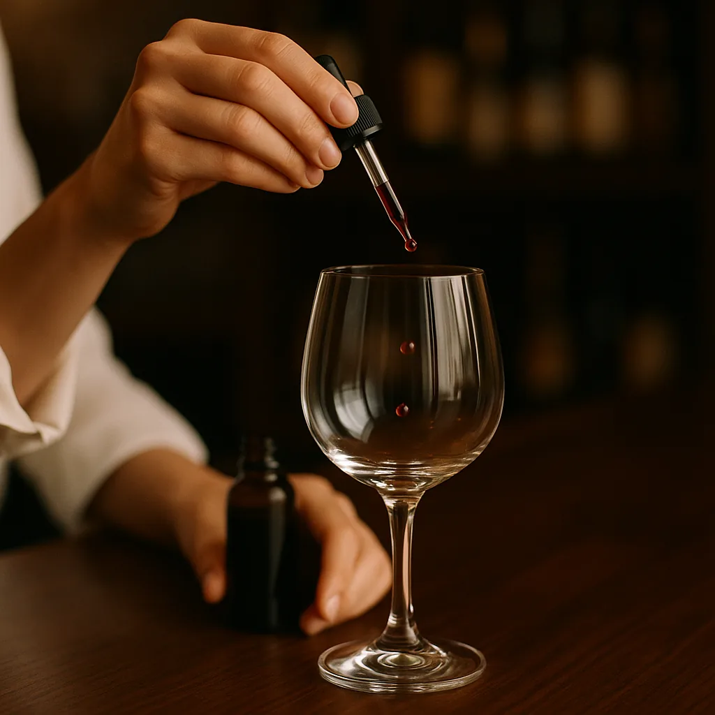 Dark red drops falling from a small plain blank dropper bottle into the bowl of a large empty stemmed goblet on the bar.