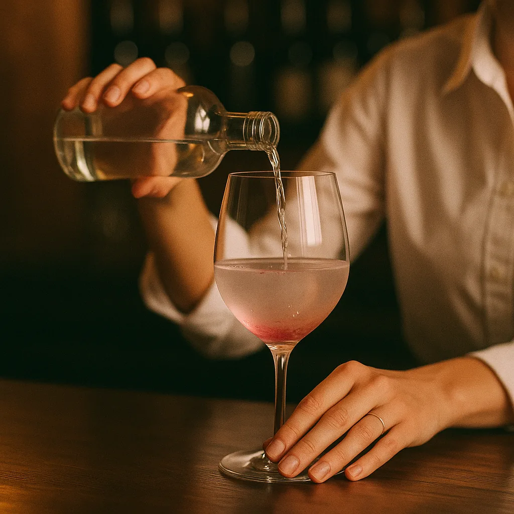 Pouring a clear colourless spirit from a plain blank bottle into the goblet, the liquid taking on a pale pink tint.