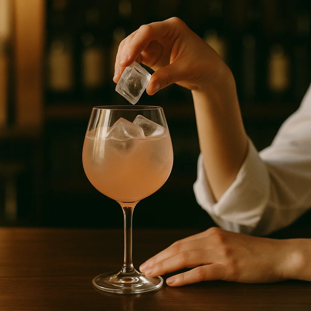 Large clear ice cubes filling the goblet to the brim over the pale pink liquid.