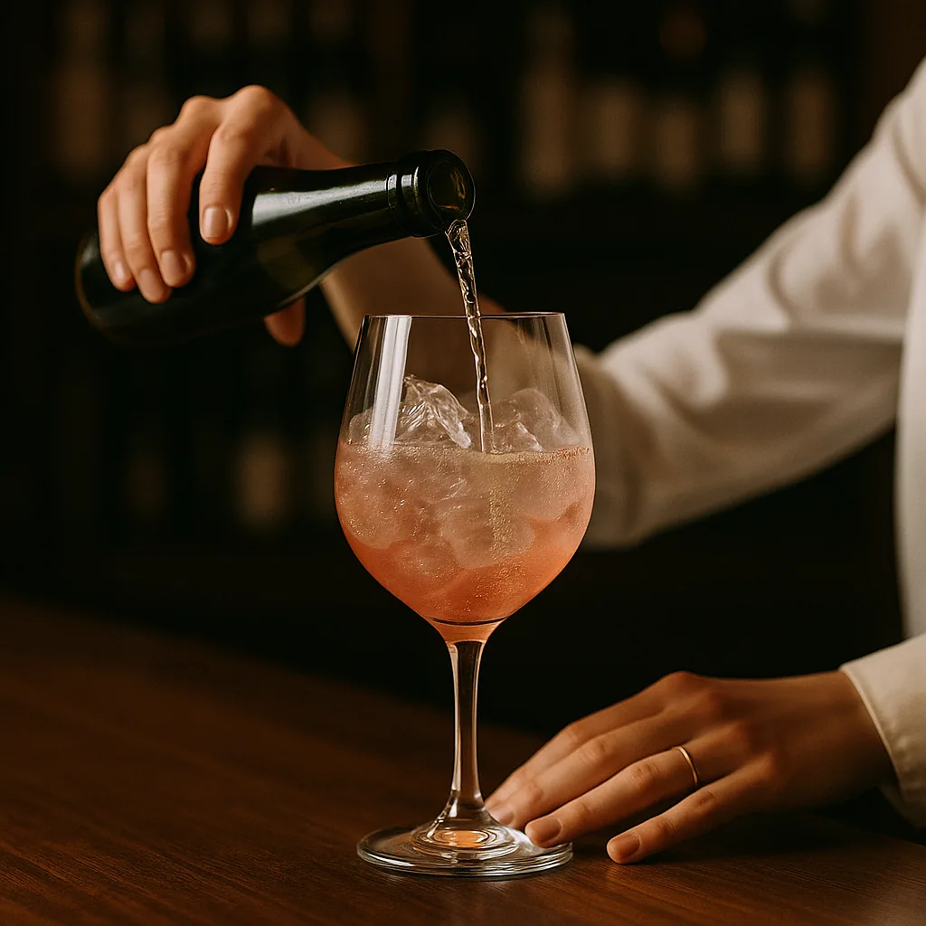 Pale sparkling wine being poured slowly down the inside wall of the goblet, fine bubbles climbing through the pink liquid.