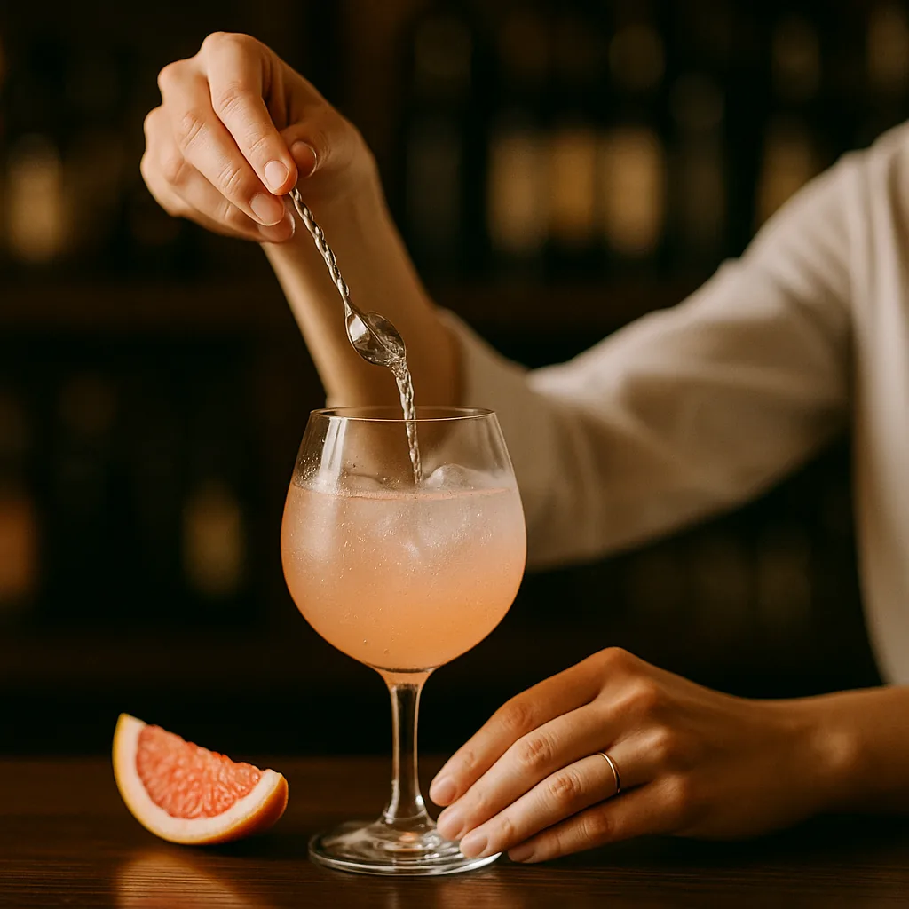 Tonic being poured down a long bar spoon into the goblet, filling it, a wedge of pink grapefruit lying on the bar beside it.