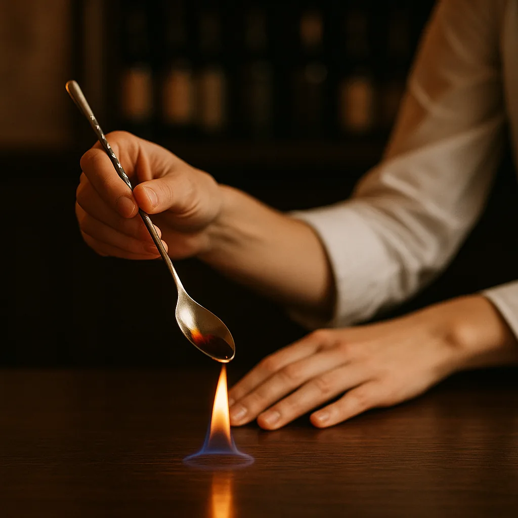 A long metal bar spoon holding a small pool of dark red bitters, held above a small steady flame, the liquid just beginning to catch.