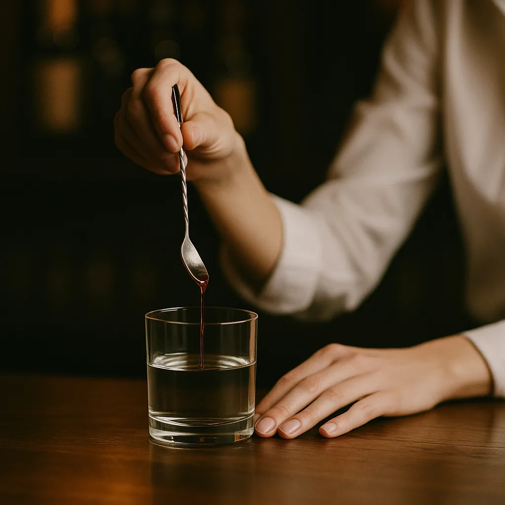 The spoon being tipped into a heavy glass of clear spirit, a thread of dark liquid falling from it.