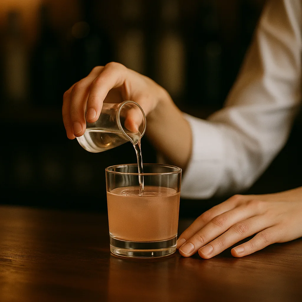 Cold water being poured from a small plain jug into the glass of pale pink-tinged spirit.