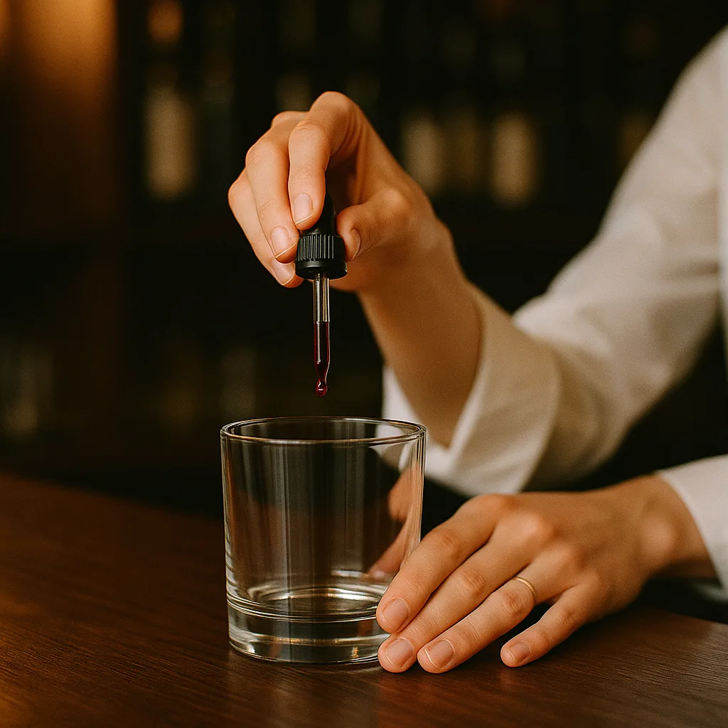 Dark red drops falling from a small plain blank dropper bottle into an empty short heavy glass on the bar.
