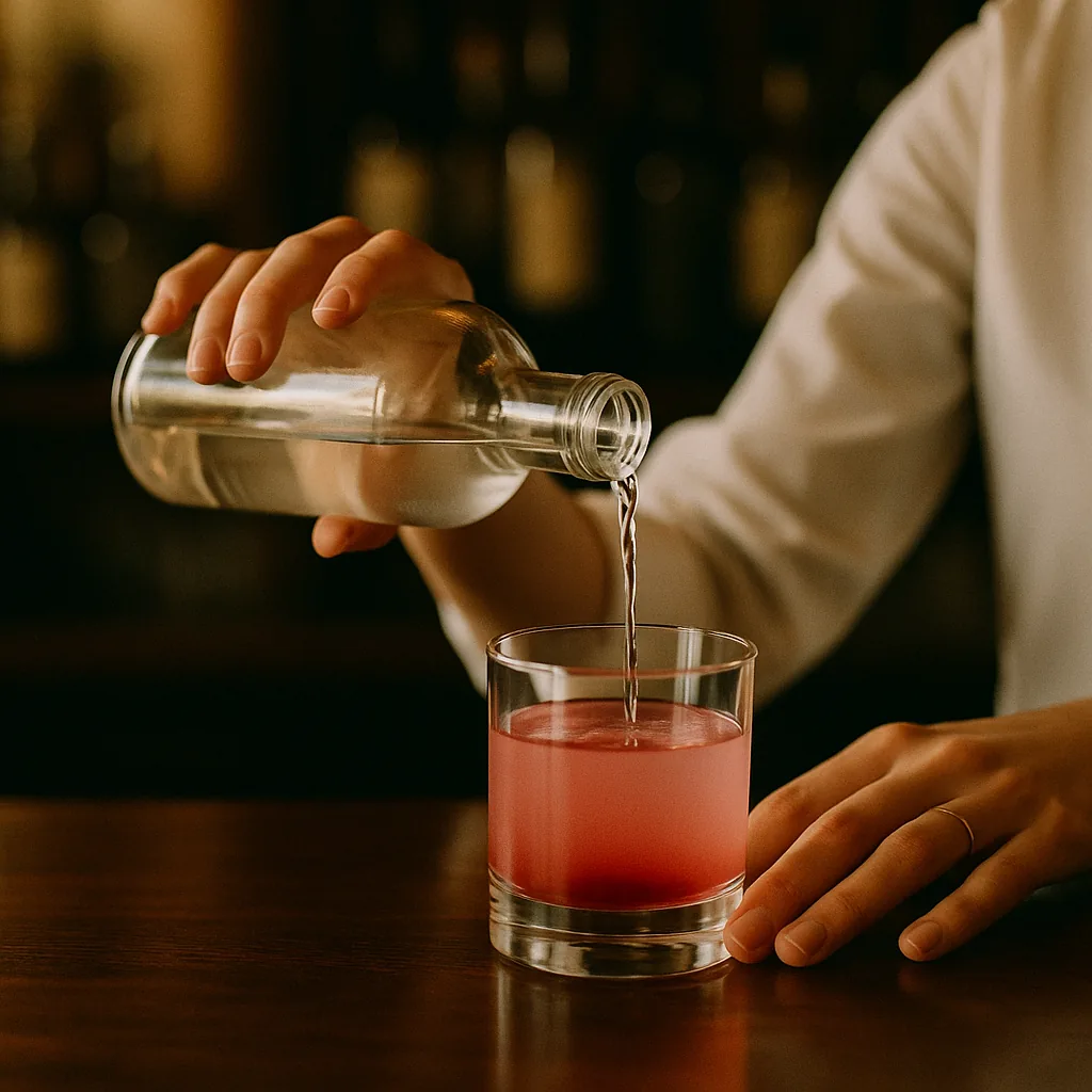 Pouring a clear colourless spirit from a plain blank bottle onto the bitters, the whole glass turning a clear soft pink.