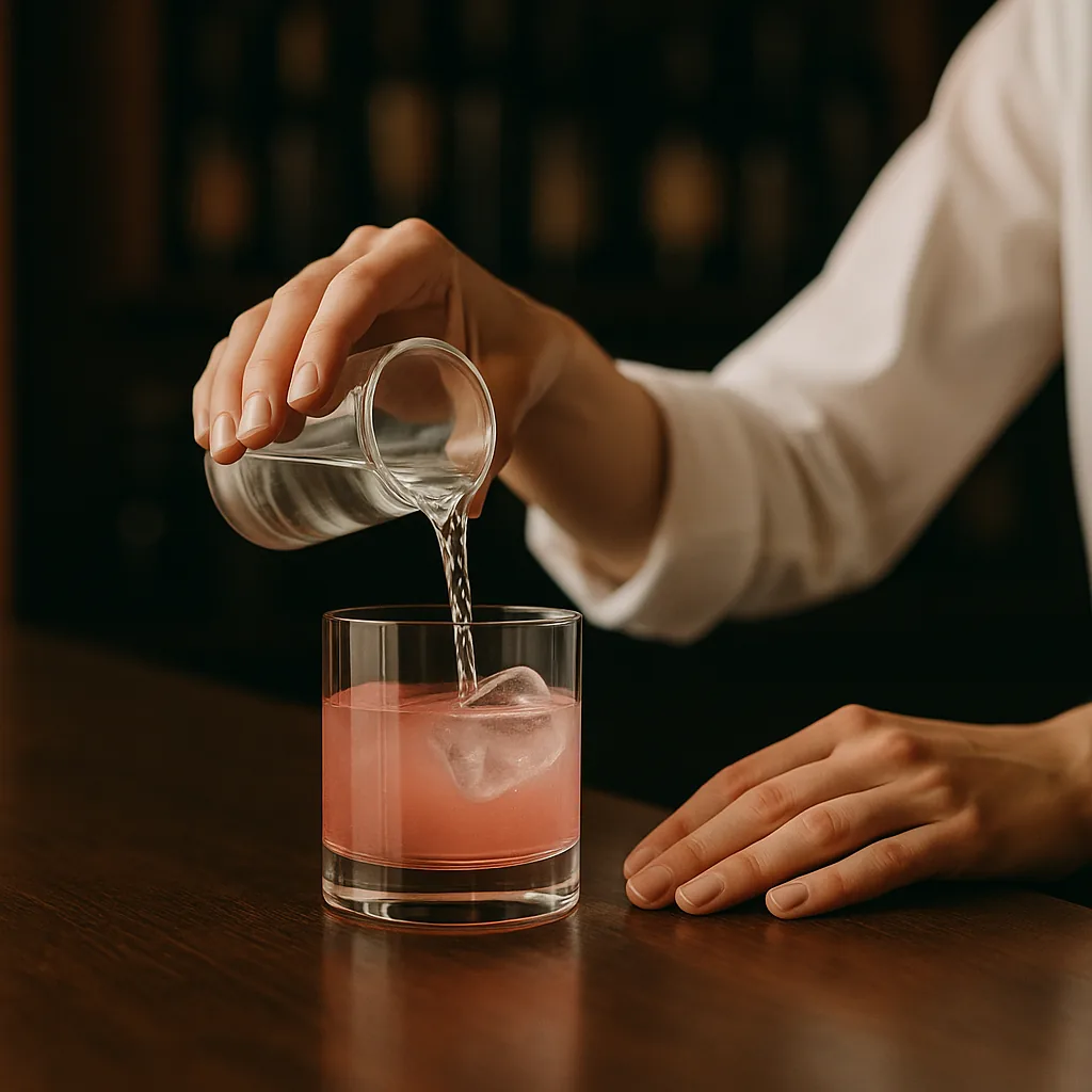 Iced water being poured from a small plain jug into the pink glass, the colour lightening as it fills.
