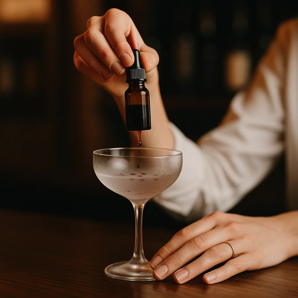 Several dark red drops falling from a small plain blank dropper bottle into the bowl of an empty chilled stemmed cocktail glass.