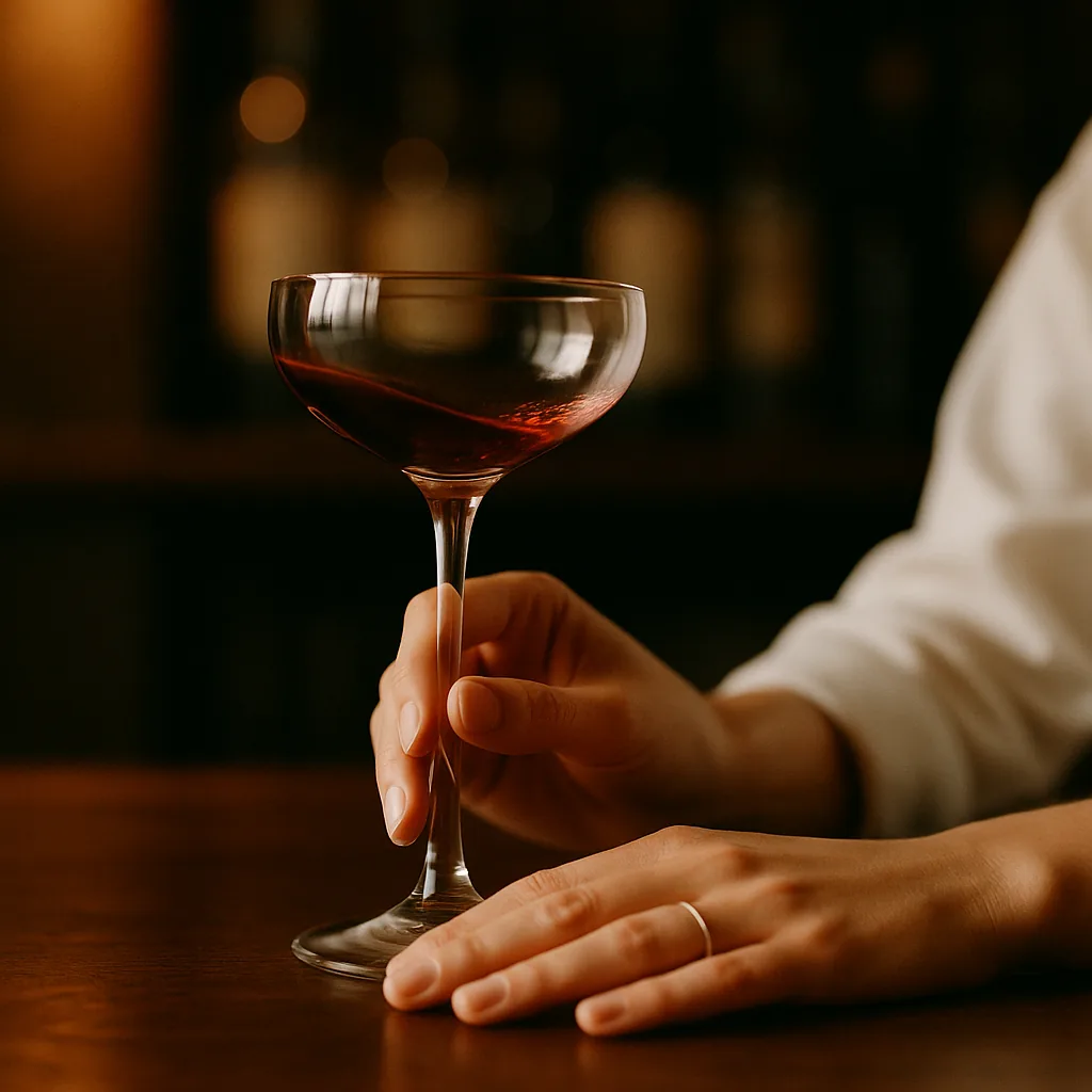 A chilled stemmed glass tilted and turned so the dark red bitters run around the inside of the bowl and coat it.
