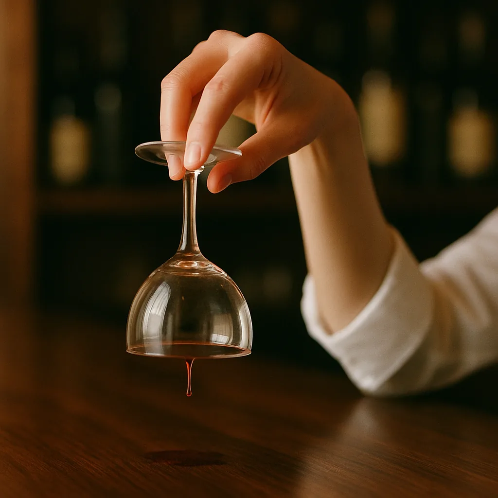 The glass turned upside down above the bar, the last of the dark red liquid draining out, a faint stain left inside the bowl.