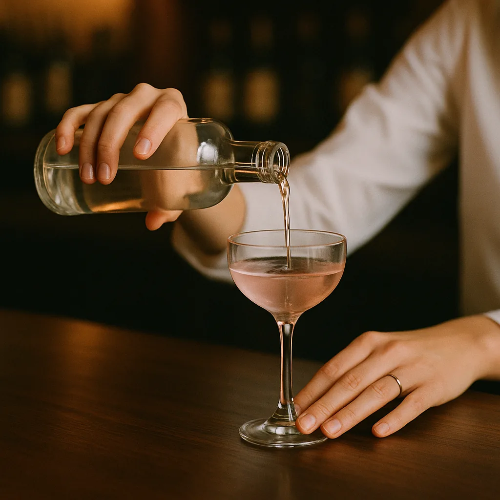 Pouring a clear colourless spirit from a plain blank bottle into the stained glass, the liquid picking up the faintest blush as it fills.