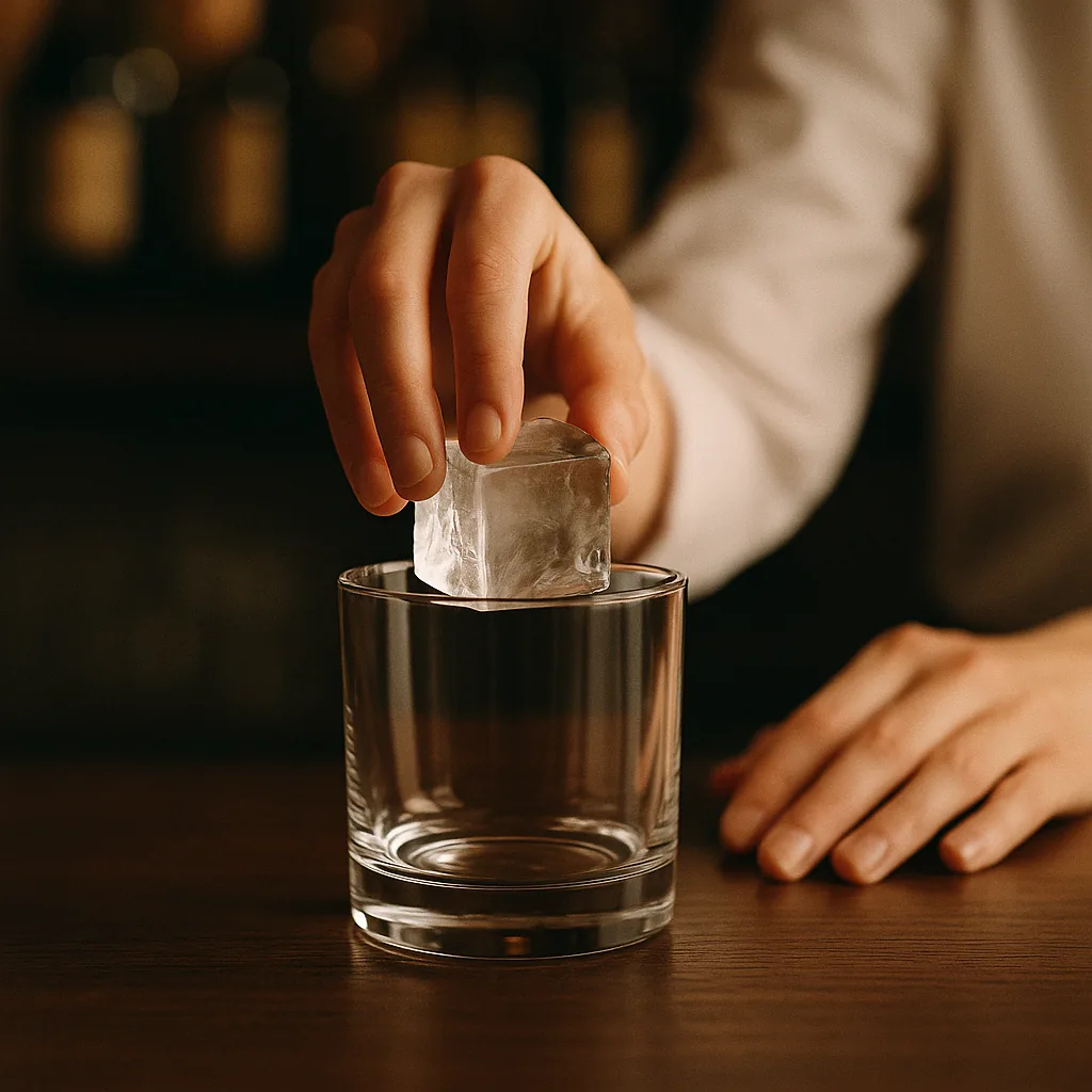 A single large clear ice cube being lowered into a short heavy tumbler on a dark walnut bar top.
