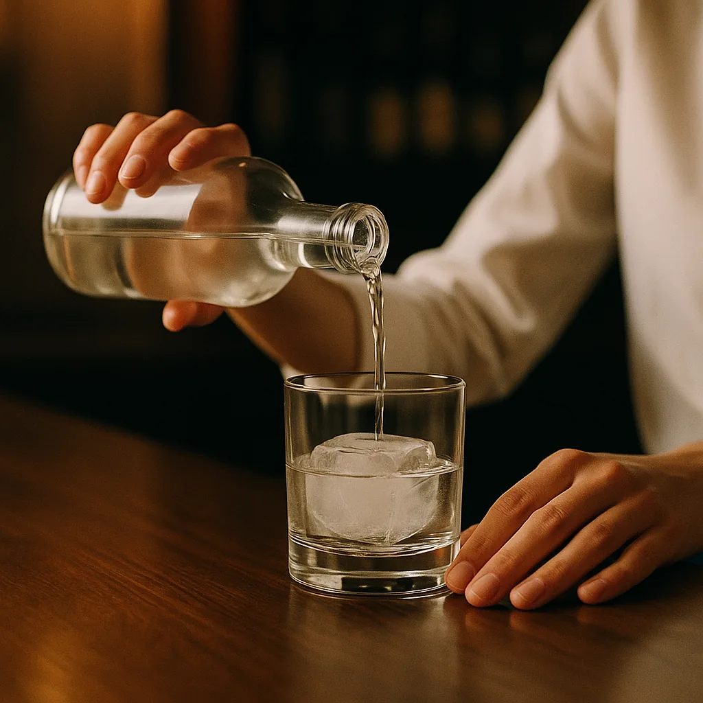 Pouring a clear colourless spirit from a plain blank bottle over the single cube in the tumbler.