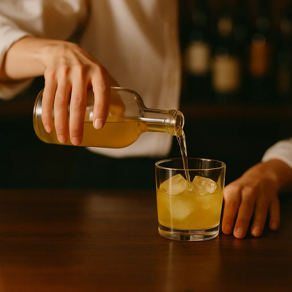 Pouring a bright yellow-gold aperitif from a second plain blank bottle into the same tumbler, matching the first pour.