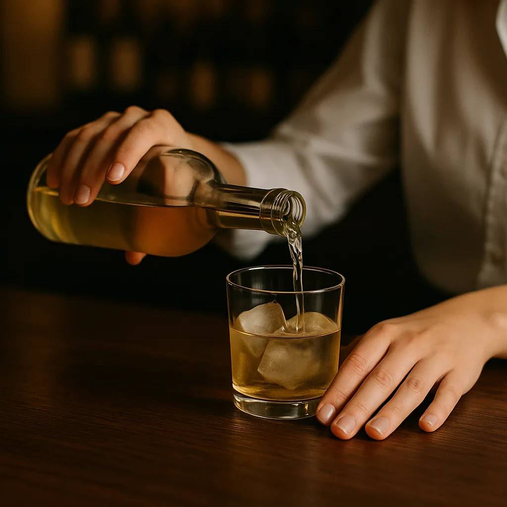 Pouring a pale straw fortified wine from a third plain blank bottle into the tumbler, matching the two previous pours.