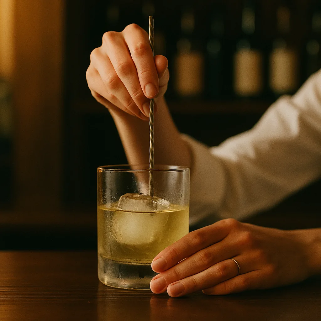 A bar spoon turning slowly in the tumbler, the liquid pale straw and faintly hazy, condensation running down the outside of the glass.