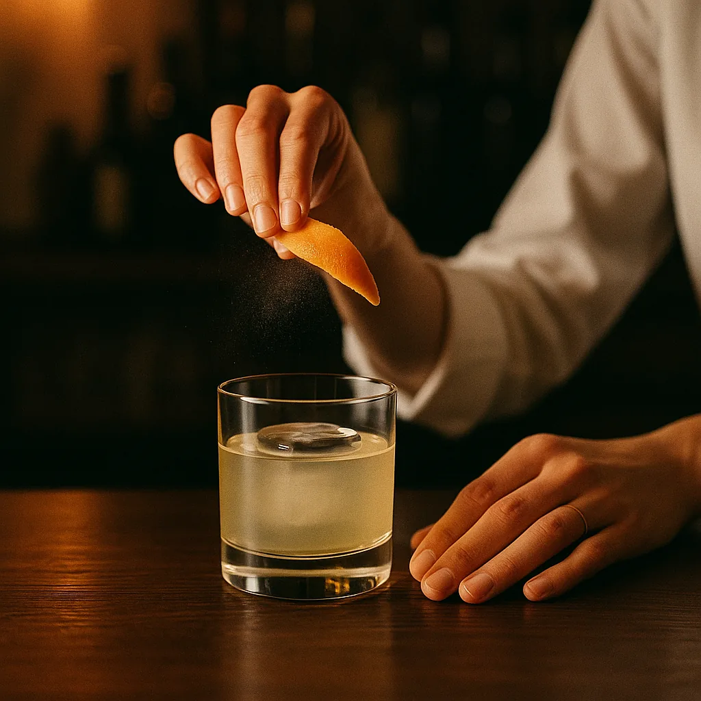 A wide strip of grapefruit peel being squeezed skin-outward over the tumbler, a fine mist of oil catching the light above the surface.